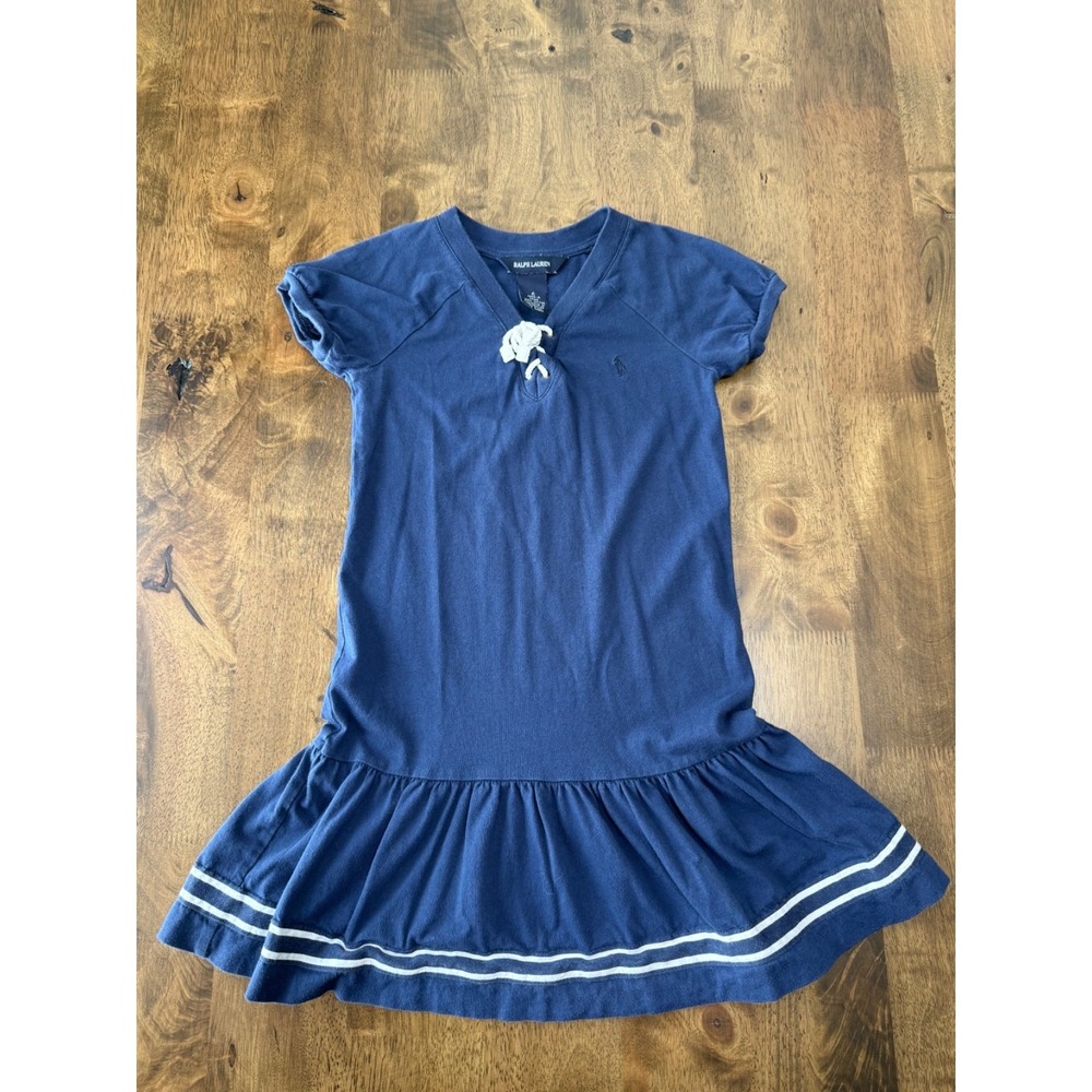EUC Kids Girls Ralph Lauren blue 100% cotton vintage lace up dress size 6